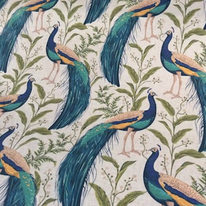 Oilcloth Fabric, Exclusive Morris Designs, Peacocks,  Natural Linen Colourway,  PVC coated Cotton, Superb Quality, Per Meter
