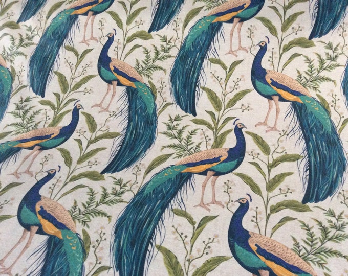 Oilcloth Fabric, Exclusive Morris Designs, Peacocks,  Natural Linen Colourway,  PVC coated Cotton, Superb Quality, Per Meter