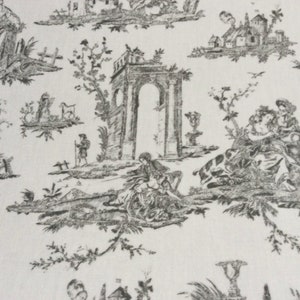 Oilcloth Fabric, PVC Coated, Toile De Jouy Design, Charcoal Grey Colourway, Matt Coated, Per Meter