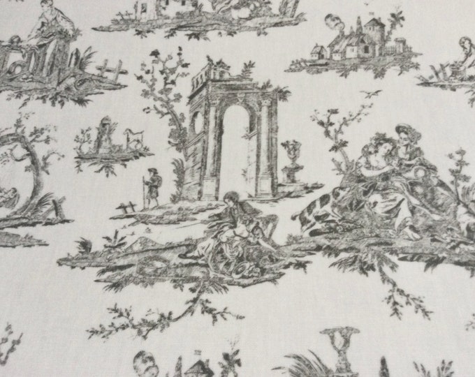 Oilcloth Fabric, PVC Coated, Toile De Jouy Design, Charcoal Grey Colourway, Matt Coated, Per Meter