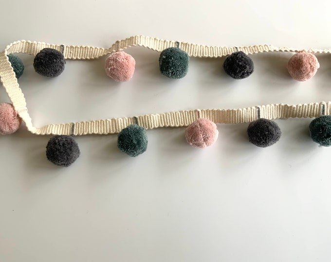 Limited Edition Bobble Trim Fringe, Tea Rose, Slate & Aubergine,  100% Cotton, Superb Quality,  Per Meter