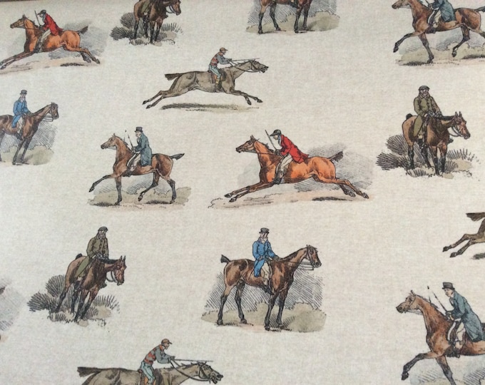 Oilcloth Fabric, Exclusive Morris Designs, Hunting Scene,  Natural Linen Colourway,  PVC coated Cotton, Superb Quality, Per Meter