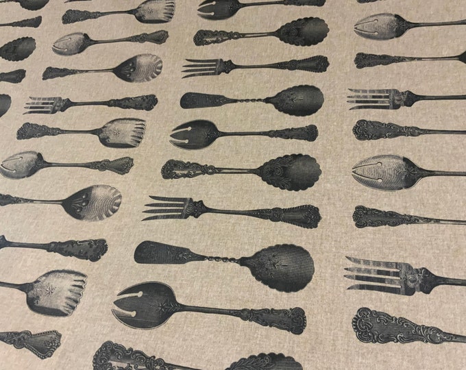 Oilcloth Fabric, PVC Coated, Exclusive, Bon Appetite Design, Vintage Cutlery, Per Meter
