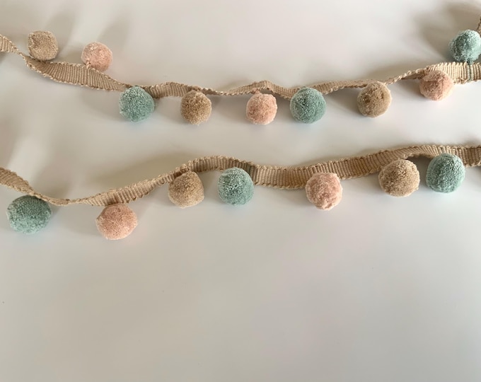 Limited Edition Bobble Trim Fringe, Sea Mist, Jute & Pale Powder, 100% Cotton, Superb Quality,  Per Meter