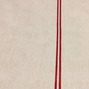 Tessuto in tela cerata, rivestito in PVC, esclusivo, design rustico vintage a sacco di grano, striscia rossa, al metro