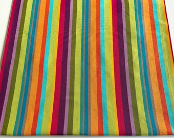May include: Multicolored striped fabric with alternating bands of orange, red, green, purple, blue, and brown.