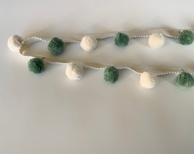 Limited Edition Bobble Trim Fringe, Ivory & Juniper, 100% Cotton, Superb Quality,  Per Meter