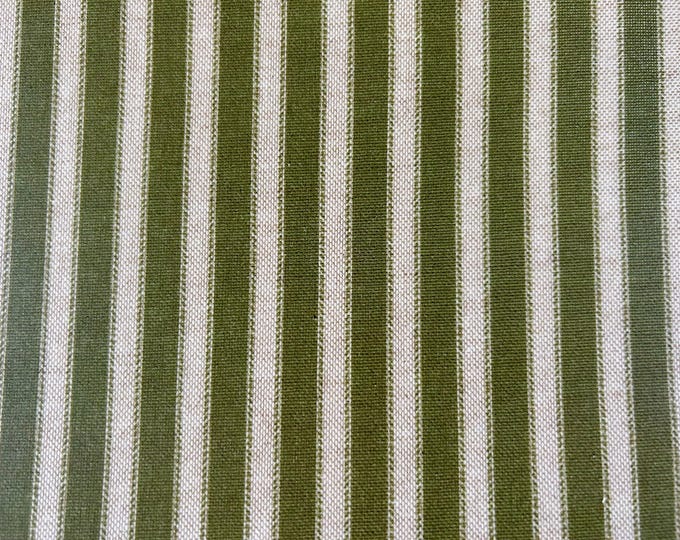 Oilcloth Fabric, PVC Coated, Vintage French Ticking Stripe, Linen, Olive Green Colourway, Per Meter