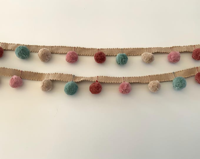 Limited Edition Bobble Trim Fringe, Tea Rose, Jute, Fog & Rouge, 100% Cotton, Superb Quality,  Per Meter