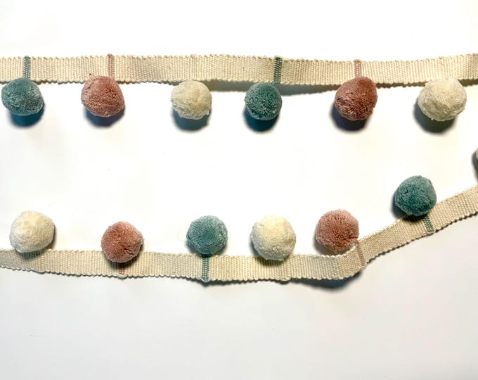 Limited Edition Bobble Trim Fringe, Tea Rose, Powder Blue & Ivory,  100% Cotton, Superb Quality,  Per Meter