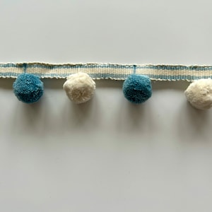 True Blue & Vanilla Stripe Bobble Trim Fringe 100% Cotton, Superb Quality,  Per Meter