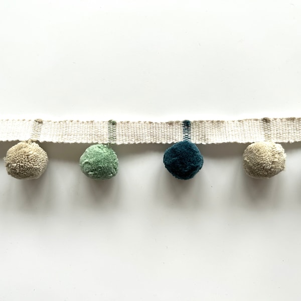 Limited Edition Bobble Trim Fringe, Teal, Jute & Duck Egg, 100% Cotton, Superb Quality,  Per Meter