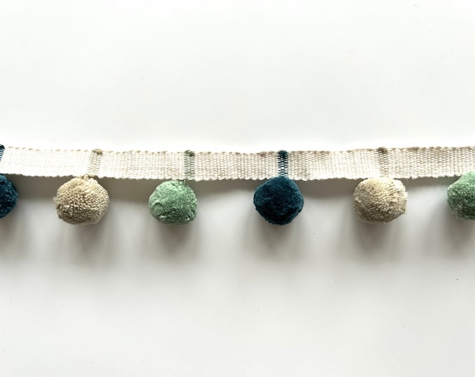 Limited Edition Bobble Trim Fringe, Teal, Jute & Duck Egg, 100% Cotton, Superb Quality,  Per Meter