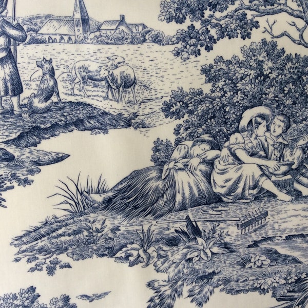 Tissu 100 % coton, motif Toile De Jouy, au mètre