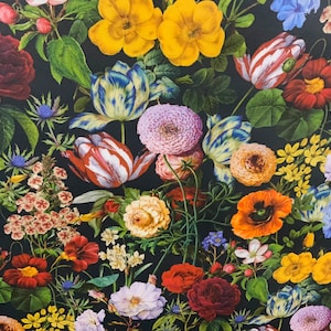 May include: A vibrant floral pattern featuring a variety of flowers in full bloom. The image showcases red roses, yellow tulips, and blue hydrangeas against a dark background. The detailed illustration highlights the intricate petals and leaves.