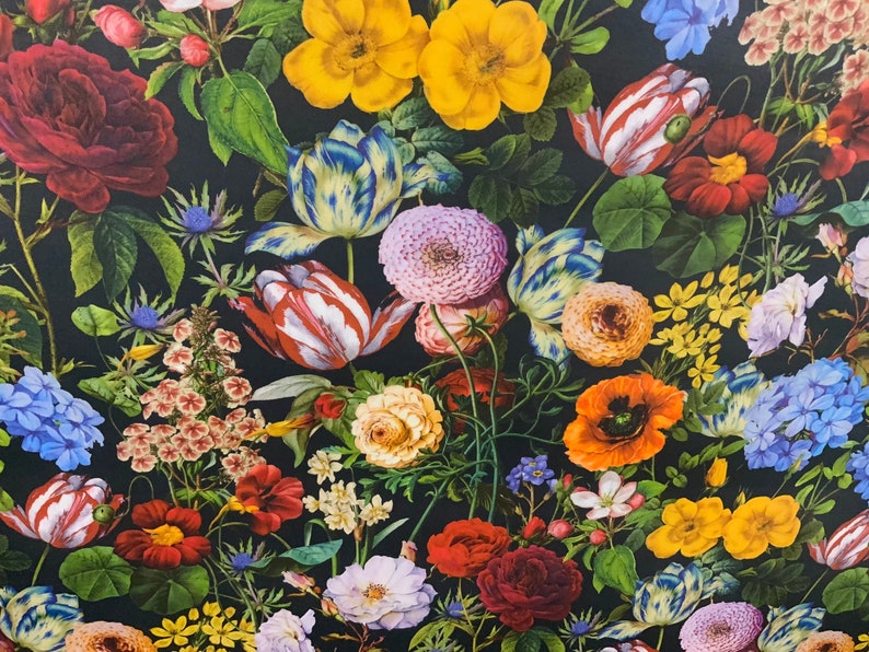 May include: A vibrant floral pattern featuring a variety of flowers in full bloom. The image showcases red roses, yellow tulips, and blue hydrangeas against a dark background. The detailed illustration highlights the intricate petals and leaves.