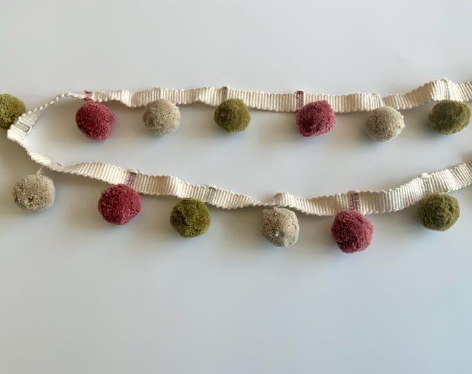 Limited Edition Bobble Trim Fringe, Rosewood, Olive, Rose & Jute, 100% Cotton, Superb Quality,  Per Meter