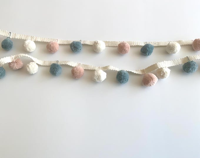 Limited Edition Bobble Trim Fringe, Tea Rose, Juniper & Ivory,  100% Cotton, Superb Quality,  Per Meter