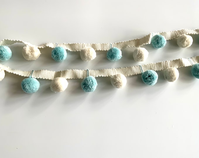 Limited Edition Bobble Trim Fringe, Bluebird & Ivory,  100% Cotton, Superb Quality,  Per Meter