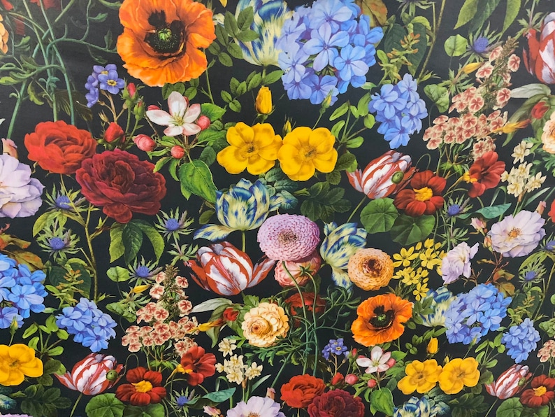 May include: A vibrant floral pattern featuring a variety of blooms in shades of red, orange, yellow, blue, and white against a dark background. The image showcases roses, poppies, tulips, and other flowers, creating a colorful and detailed botanical design.