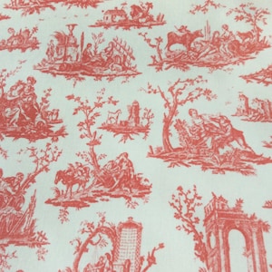 Oilcloth Fabric, PVC Coated, Toile De Jouy Design, Rose Madder Colourway, Matt Coated, Per Meter