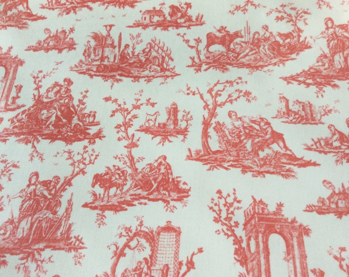 Oilcloth Fabric, PVC Coated, Toile De Jouy Design, Rose Madder Colourway, Matt Coated, Per Meter