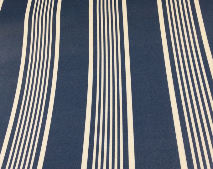 Oilcloth Fabric, PVC Coated, Regatta French Ticking Stripe, Inky Blue, Per Meter