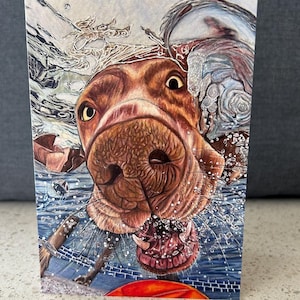 Carte de voeux, carte d'anniversaire, fête des pères, fête des mères, nouvel emploi, félicitations, chien nageur, carte drôle, carte mignonne,