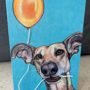 Biglietto d'auguri, carino, cane, palloncino, divertente, levriero, vuoto, rifinito a mano, decorato