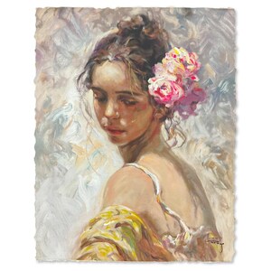 May include: A painting of a woman with long brown hair, wearing a yellow shawl and a white top. She has a cluster of pink roses in her hair. The background is a soft, abstract design in shades of gray and white.