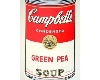 May include: A Campbell's Green Pea Soup can with a red and white label. The label features the Campbell's logo in white script on a red background, with the words "CONDENSED" and "GREEN PEA SOUP".