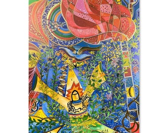 May include: A vibrant, abstract watercolor painting with a dreamlike quality. The artwork features a large, red and pink organic shape at the top, with blue and yellow elements below. Green foliage and gold accents add detail to the composition.
