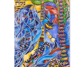 May include: Colorful abstract art print with a vibrant mix of blues, yellows, and reds. The artwork features stylized figures, architectural elements, and intricate patterns. The print has a spiritual theme, with Hebrew text at the top.