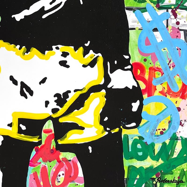 May include: A black and white portrait with yellow, green, red, and blue graffiti-style text. The text includes the words "LOW" and "SP", and other illegible words.