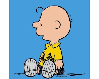 May include: A cartoon illustration of Charlie Brown, a bald boy with a yellow shirt, sitting on a blue background. He is looking to the right and has a thoughtful expression on his face.