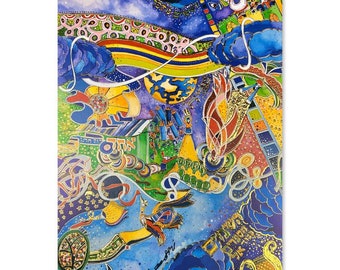 May include: A colorful abstract painting with a blue, green, yellow, and red color scheme. The painting features a variety of shapes and patterns, including stars, clouds, and swirls. The artist's signature is visible in the lower right corner.