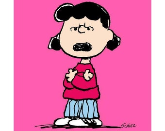 May include: A black and white cartoon illustration of a girl with black hair, wearing a red sweater and blue pants, standing on a pink background. The girl is frowning and has her arms crossed. The text "SCHULZ" is in the bottom right corner.