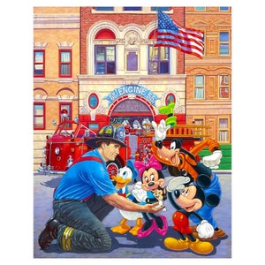 May include: A painting of Mickey Mouse, Minnie Mouse, Goofy, and Donald Duck standing in front of a firehouse with a firefighter. The firehouse has the words "55 Engine 55" above the garage door. The American flag is flying above the firehouse.