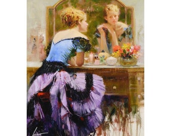 May include: A painting of a woman in a blue and purple dress sitting at a vanity table, looking at her reflection in a mirror. The woman has blonde hair and is wearing a black lace bodice. The vanity table is covered in a variety of items, including a vase of flowers, a bottle of perfume, and a brush.