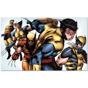 May include: A group of five yellow and brown comic book characters with claws and masks. The characters are in a fighting pose with their claws extended. The background is a light blue.