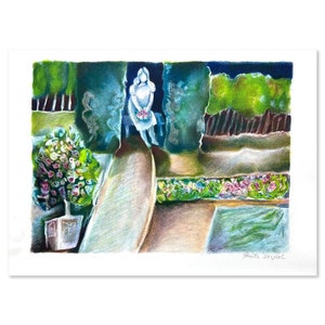 May include: A colorful pencil drawing of a woman in a white dress standing in a garden setting. The woman is holding a bouquet of flowers. The drawing is done in a whimsical style with a focus on the colors and textures of the garden.