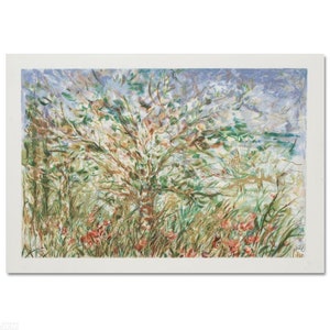 May include: A watercolor painting of a tree with green leaves and a few red flowers in the foreground. The background is a blue sky with white clouds and a distant view of a city.