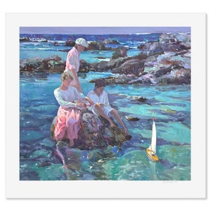 May include: Three figures sit on a rocky outcropping in a turquoise ocean. Two figures wear pink dresses and one wears a white shirt. A small sailboat floats in the water.