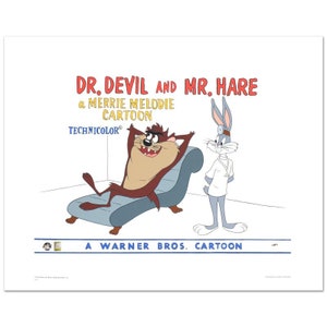 May include: A vintage cartoon illustration featuring Bugs Bunny as a doctor, with a stethoscope around his neck, and Taz, the Tasmanian Devil, lying on a couch. The title reads "Dr. Devil and Mr. Hare a Merrie Melodie Cartoon TECHNICOLOR® A Warner Bros. Cartoon".