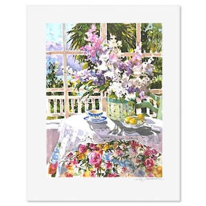 May include: A watercolor painting of a table setting with a bouquet of purple and white flowers in a green vase, a teacup and saucer, and a bowl of lemons. The table is covered with a white tablecloth with a floral pattern.