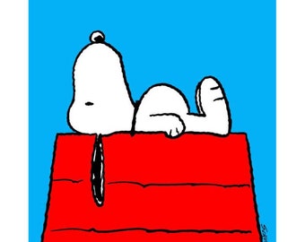May include: A white cartoon dog with black eyes and a black nose is lying on top of a red doghouse. The dog is looking up at the sky. The background is blue.