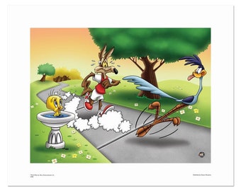May include: A cartoon illustration of Wile E. Coyote running in a red and white athletic uniform, with Road Runner chasing him.  A small yellow bird is in a birdbath.