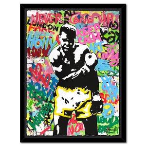 May include: A colorful abstract painting of a boxer with graffiti-style text surrounding the figure. The text includes phrases like "Never Give Up", "Keep Calm", and "Holly", all in bright colors.
