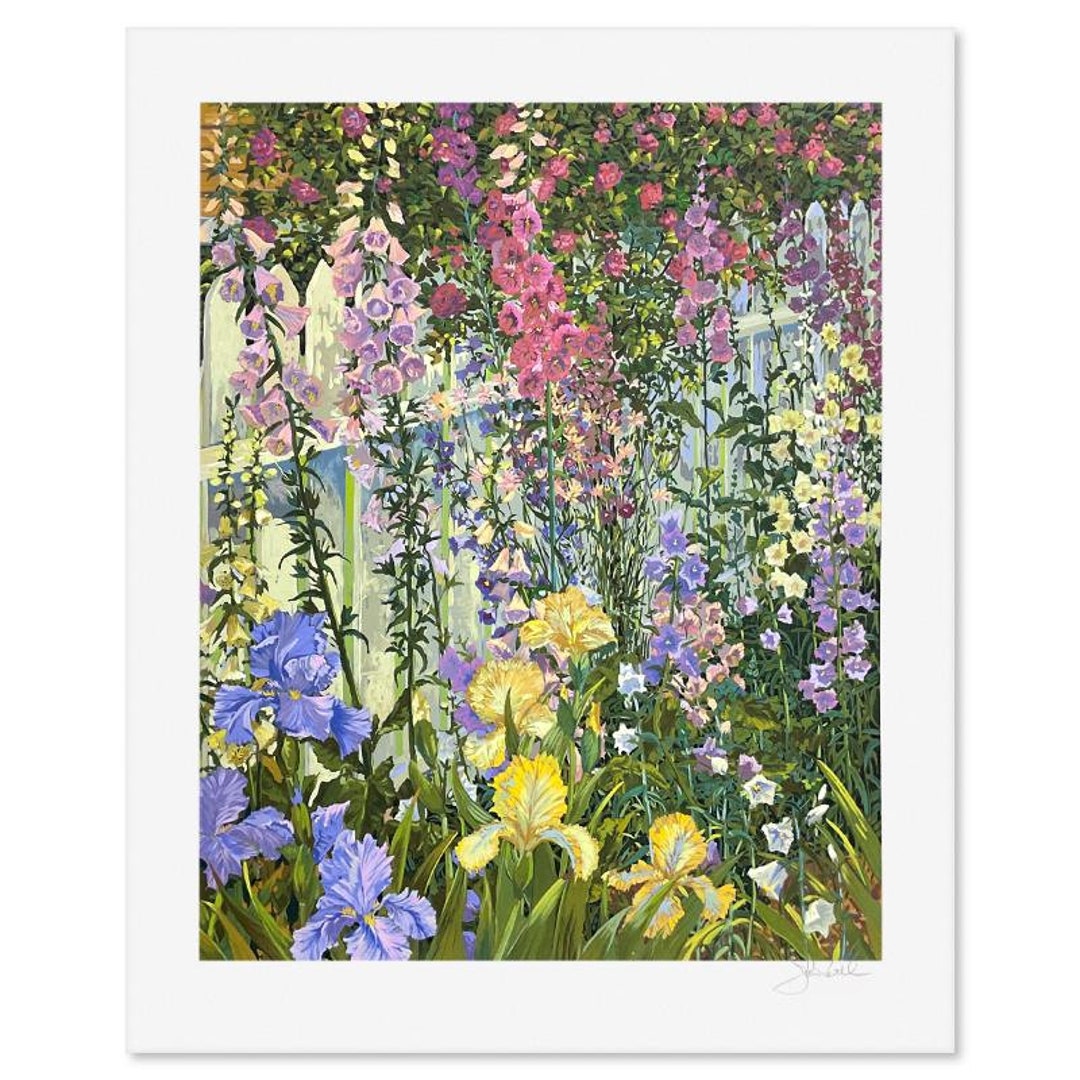 John Powell ジョンポーウェル 庭園の花 アートポスター 額付き John Powell: Fox Gloves and Irises, Signed Limited Edition Print