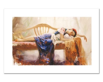 May include: A woman in a blue and white dress with a floral pattern lies on a chaise lounge with a red cushion. She is wearing a red headband and has her head resting on her arm. The chaise lounge is in a room with a window in the background.